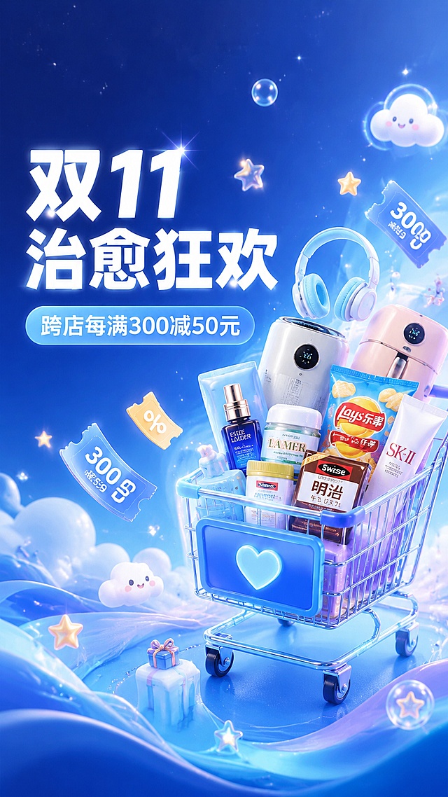 [第1屏] 双十一专题页头图主视觉 - 蓝色治愈狂欢双11主题KV海报。
[氛围/风格] 蓝色治愈系狂欢风，深蓝到浅蓝渐变，云朵星光气泡元素，柔和光感，清新治愈又有节日氛围，电商促销质感。
[元素布局] 背景为深蓝色到天蓝色的渐变，有柔和的云朵、漂浮的星光粒子、透明气泡等治愈元素；左侧超大白色粗体主标题「双11治愈狂欢」，下方浅蓝色圆角标签「跨店每满300减50元」白色字；右侧一个梦幻蓝色购物车，里面堆满各类爆款商品：耳机、小家电、零食、护肤品、保健品等，商品周围有柔和光晕；购物车周围飞舞着优惠券标签、星星、小云朵等装饰；底部有柔和的波浪形色块和漂浮的小元素；整体梦幻治愈又热闹。
[光影质感] 柔和漫射光，顶部有淡淡光晕，商品有柔和发光效果，整体通透梦幻。
[配色色系] 全局底色 #1E3A8A 到 #60A5FA 深蓝到天蓝渐变；主色白色文字；辅助色浅蓝 #93C5FD、淡紫 #C4B5FD、金色 #FCD34D 点缀。
[视角构图] 左文右图布局，标题在左商品在右，阅读动线从左上到右下。
[文字版式] 左侧标题区。主标题「双11治愈狂欢」白色超粗黑体大字，两行排列；副标题「跨店每满300减50元」白色字在浅蓝色圆角标签内；文字醒目清晰，与蓝色背景和谐。
[比例分辨率] 9:16 竖版比例，4K 分辨率，文字清晰可辨，高清画质。
[负向提示词] 变形，水印，文字错乱，文字过小，颜色偏差，背景杂乱，低俗元素，二维码，第三方平台logo，红色元素。