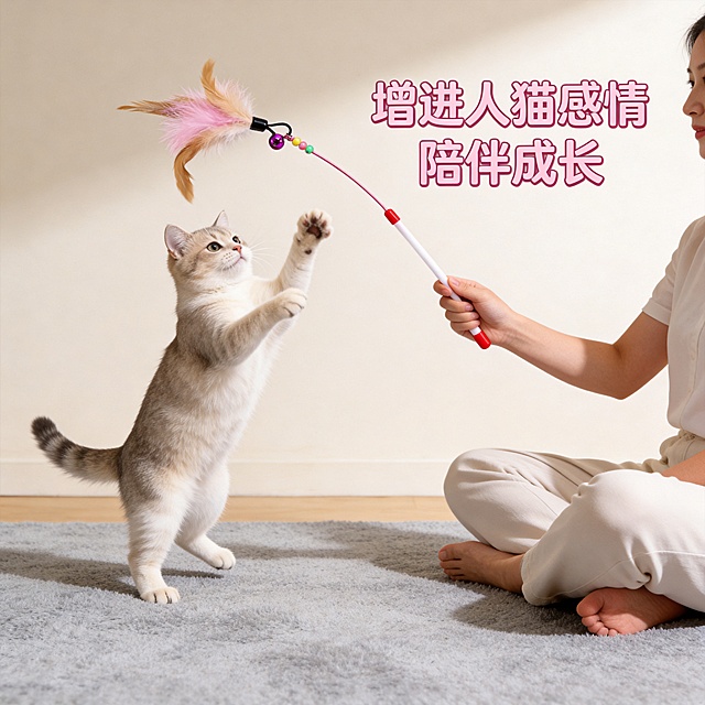 [主图-4] 逗猫棒互动场景展示，家宠治愈风。
[氛围风格] 生活化，温馨治愈，突出人猫互动的快乐氛围。
[画质] 商业摄影质感、光线柔和通透、产品清晰真实、画面干净高级，超高清4k分辨率。
[元素] 主场景是主人坐在地毯上，手持逗猫棒和猫咪玩耍，猫咪腾空扑抓羽毛，动作自然生动，氛围轻松愉快。逗猫棒在画面中前景位置，清晰完整展示。背景是简约客厅，浅灰色地毯，浅米墙面，干净不杂乱。保持逗猫棒外观（物理结构、材质质感、颜色）与输入产品图绝对一致，杜绝任何变形和色差，精细化处理。商品主体清晰不被遮挡。
[光影] 自然客厅暖光，整体氛围温馨，光影柔和，毛发和产品纹理层次清晰。
[配色] 整体暖调浅色系，以奶白、浅灰、暖木色为主，突出逗猫棒色彩，整体和谐治愈。
[视角构图] 平视场景视角，人物猫咪产品互动形成自然视觉动线，景深适中，氛围生活化。
[文字版式] 右上负空间大字文案“增进人猫感情 陪伴成长”，圆润字体粉色，清晰不遮挡主体。
[比例分辨率] 1:1比例，4k分辨率，文字清晰可辨，超高清。
[负向提示词] 变形，水印，文字错乱，产品图模糊，背景杂乱，遮挡主体，颜色失真