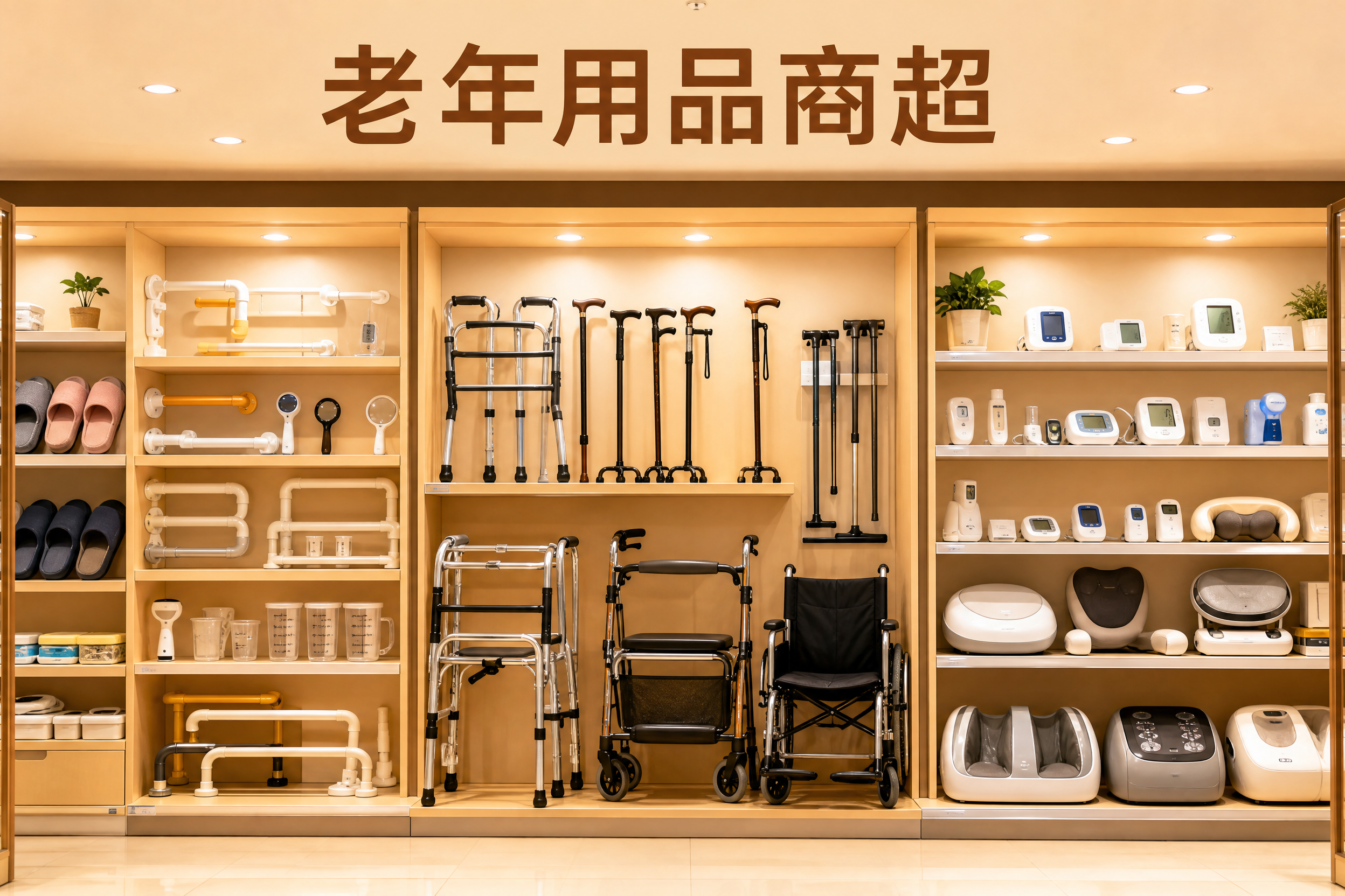 老年用品商超产品陈列展示场景，横构图，真实实物产品，货架上整齐… - 图片创意预览