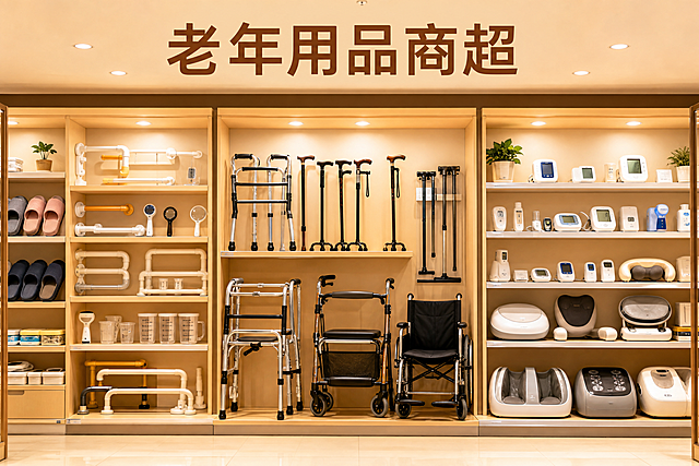 老年用品商超产品陈列展示场景，横构图，真实实物产品，货架上整齐陈列三大类老年用品：居家适老日用品（防滑拖鞋、扶手、放大镜指甲剪、带刻度水杯等）、助行出行辅具（拐杖、助行器、轮椅、防滑手杖等）、健康监测与理疗产品（血压计、血糖仪、按摩仪、体温计等），温馨柔和暖色调灯光，柔和的米黄色和暖橙色为主色调，产品清晰突出，商超货架整洁有序，柔和的室内照明，画面上方有标题文字"老年用品商超"，非海报版式，仅标题文字，不含价格标签、项目介绍、联系方式等其他文字，真实摄影风格，高清细节，产品质感真实