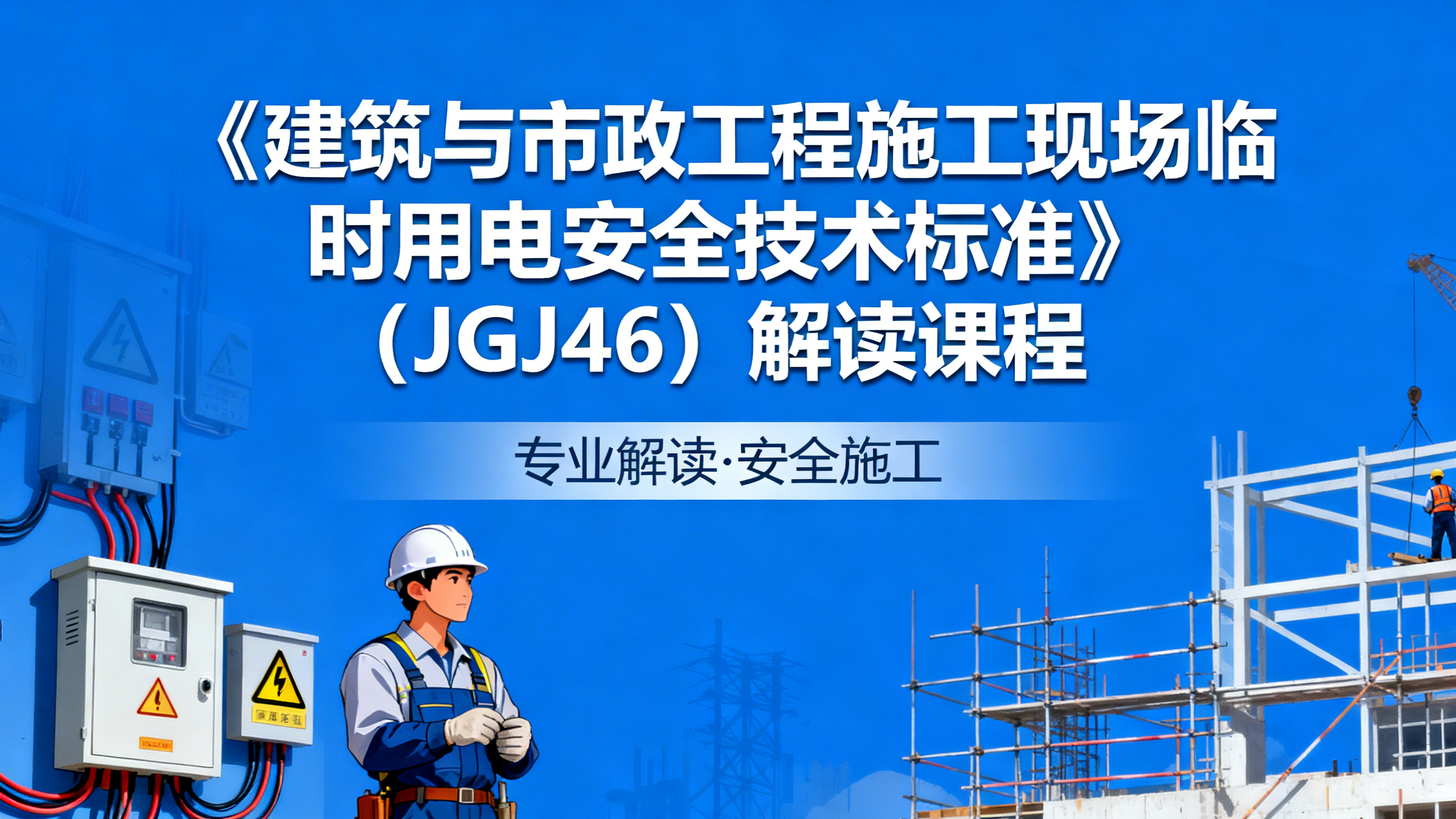 横屏宣传海报，蓝色背景，背景融入用电安全元素、建筑工人、建筑元… - 图片创意预览