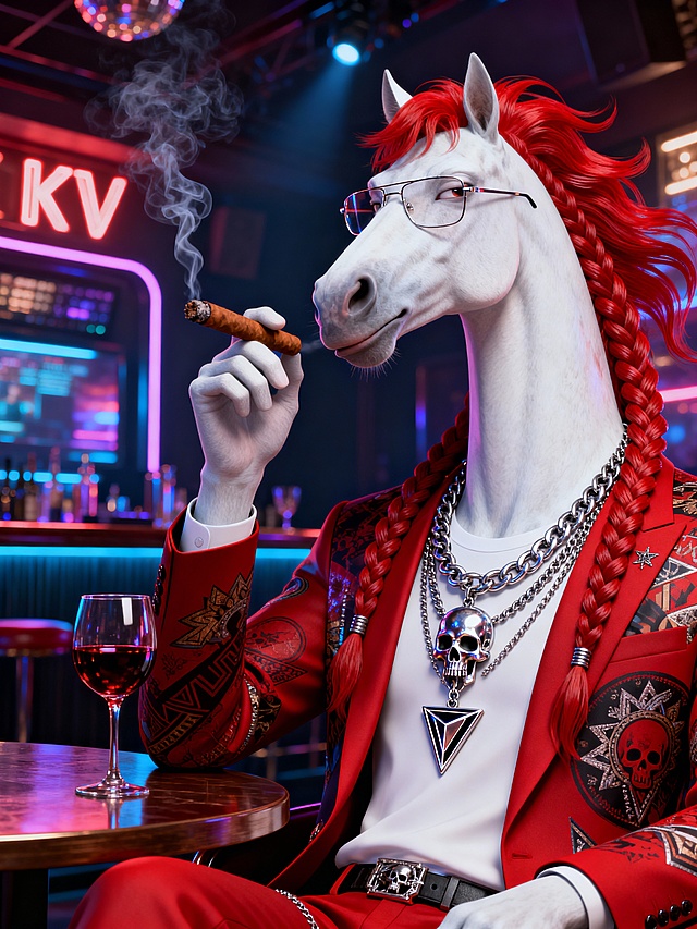 创作一幅潮流街头风的拟人化白马半身插画：主体为拟人化白马（白色皮肤，极长脖子，鬃毛是红色酷酷飘逸造型），面部眼镜有大哥的派头，手拿雪茄抽着，坐在桌边，桌上放着红酒杯，一幅很享受的样子；穿搭为红色西装（装饰潮流马年元素），内搭白色色衣，叠戴多层金属链条（含骷髅、几何造型吊坠）；整体有轻微质感纹路，动作行为是白马呈侧头蔑视的放松姿态（手拿雪茄抽着，坐在桌边，桌上放着红酒杯，一幅很享受的样子，微抬嘴角）；场景设定为ktv酒吧背景；风格参考是 3D 潮玩风格，兼具精致塑料质感与潮流朋克氛围；构图视角为纵向近景构图，细节补充包括：鬃毛编发纹理清晰，西装图案丰富且层次分明，金属饰品带冷硬光泽，整体呈现潮流街头风的拟人化白马 3D 插画。尺寸为1080x1920px