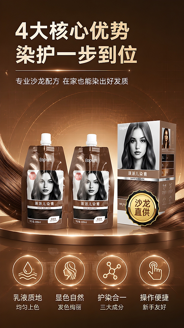 [商品] 使用【图3】瑛派儿染膏浅棕色双袋产品图+外盒局部；保留1剂2剂双袋包装、袋面人像图案、Enpir Logo、"瑛派儿染膏"字样、200ml容量标注、外盒侧面包装；产品摆放自然，结构比例不变。
[画面] 目标：核心卖点利益icon页，快速传递4大价值。构图：左上方主标题区，中部产品组合展示（双袋+外盒）占画面50%，底部4个圆形发光icon横向排列；背景为中棕色科技质感，带有细腻的几何网格和微光粒子；产品放置于金属质感台面上，有柔和倒影；前景点缀发丝光泽元素，中景产品主体，后景渐变光晕。
[视觉] 套系策略：风格=高端科技沙龙商业摄影，3D渲染级质感；标题字=现代无衬线粗体中文，字重厚重；正文字=简洁无衬线体，字距适中；主色=深棕褐+暖金棕；背景延展=基于棕褐色系做深浅渐变、金属光泽、粒子光效和发丝纹理延展，本页用中棕底色+网格纹理；强调色=香槟金，仅用于小面积图标、引线、标签和高光点缀；标题色=米白/香槟金；正文色=浅暖灰/米白；组件=圆角金属质感信息卡、细金线引线、发光图标；光影=左上侧暖金柔光+产品底部轮廓光，产品立体感强。
[文字] 左上主标题"4大核心优势 染护一步到位"，副标题"专业沙龙配方 在家也能染出好发质"；底部4个圆形发光icon分别为："乳液质地"均匀上色、"显色自然"发色绚丽、"护染合一"三大成分、"操作便捷"新手友好；每个icon配1行短说明，文字横向排版，层级清晰。
[规格] 图片比例9:16竖版，2K分辨率，避免变形、错字、文字过小、冷蓝背景、产品颜色改变、包装文字错乱、极限词。