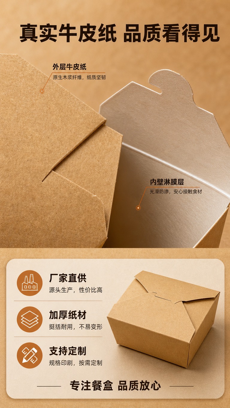 [商品] 使用【图1】牛皮纸餐盒（四舌片翻盖式外卖打包盒）；保… - 图片创意预览