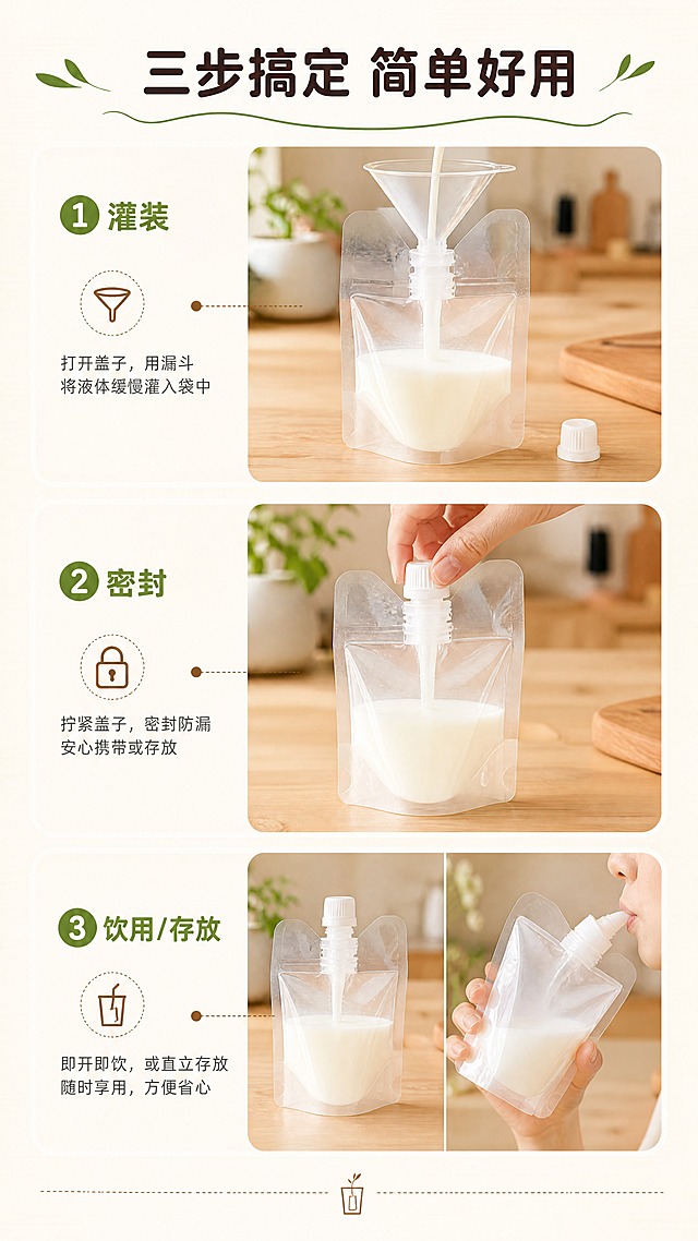 [商品] 使用【图1】透明自立吸嘴袋；保留透明袋身、白色吸嘴盖、底部自立结构、袋内液体形态；展示不同使用状态下的产品形态。
[画面] 目标：功能演示页，三步使用流程。构图：上中下三格步骤图，每格展示一个使用步骤，配步骤编号和说明；每格内产品占该格60%，厨房台面背景统一。步骤1：灌装液体（漏斗注入），步骤2：旋盖密封（手拧盖子），步骤3：即开即饮/存放（吸嘴袋直立+手持饮用）。
[视觉] 套系策略：风格=清新自然家居商业摄影；标题字=圆润黑体粗体；正文字=简洁无衬线黑体；主色=暖米白+草木绿；背景延展=基于暖米白做深浅层级、同色渐变和细腻木纹/哑光纸质感；强调色=浅棕褐色，仅用于小面积图标、引线和标签；标题色=深棕褐色；正文色=中暖灰；组件=圆角浅底信息卡、细线引线、绿色胶囊标签；光影=左前侧暖柔光，自然窗光感。
[文字] 顶部主标题"三步搞定 简单好用"，三格分别配编号和说明："① 灌装""② 密封""③ 饮用/存放"；每格底部配1句短说明，文字横向排版。
[规格] 图片比例9:16竖版，4K，避免变形、错字、文字过小、冷蓝/蓝灰背景、产品颜色改变、结构失真、绝对化用语。