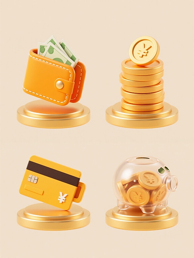 一套4个不同造型的充值元素系列素材，保持3D立体风格，主色调为明亮的橙黄色，带有光滑的塑料质感和柔和的高光反光，每个元素都悬浮在双层金色圆形底座上，元素包括：1. 打开的钱包露出多张钞票，2. 堆叠的金币上放置一个硬币，3. 带有¥符号的银行卡从卡槽中部分滑出，4. 装满硬币的透明储蓄罐，所有元素在纯色背景上呈规整矩形网格排布，无任何文字和多余装饰。