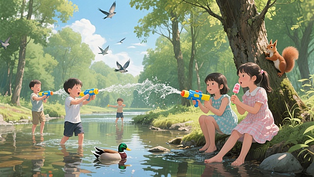 水彩风插画，清新卡通拟人，孩子们在河边嬉戏，松鼠和鸭子相伴，夏日欢乐时光。