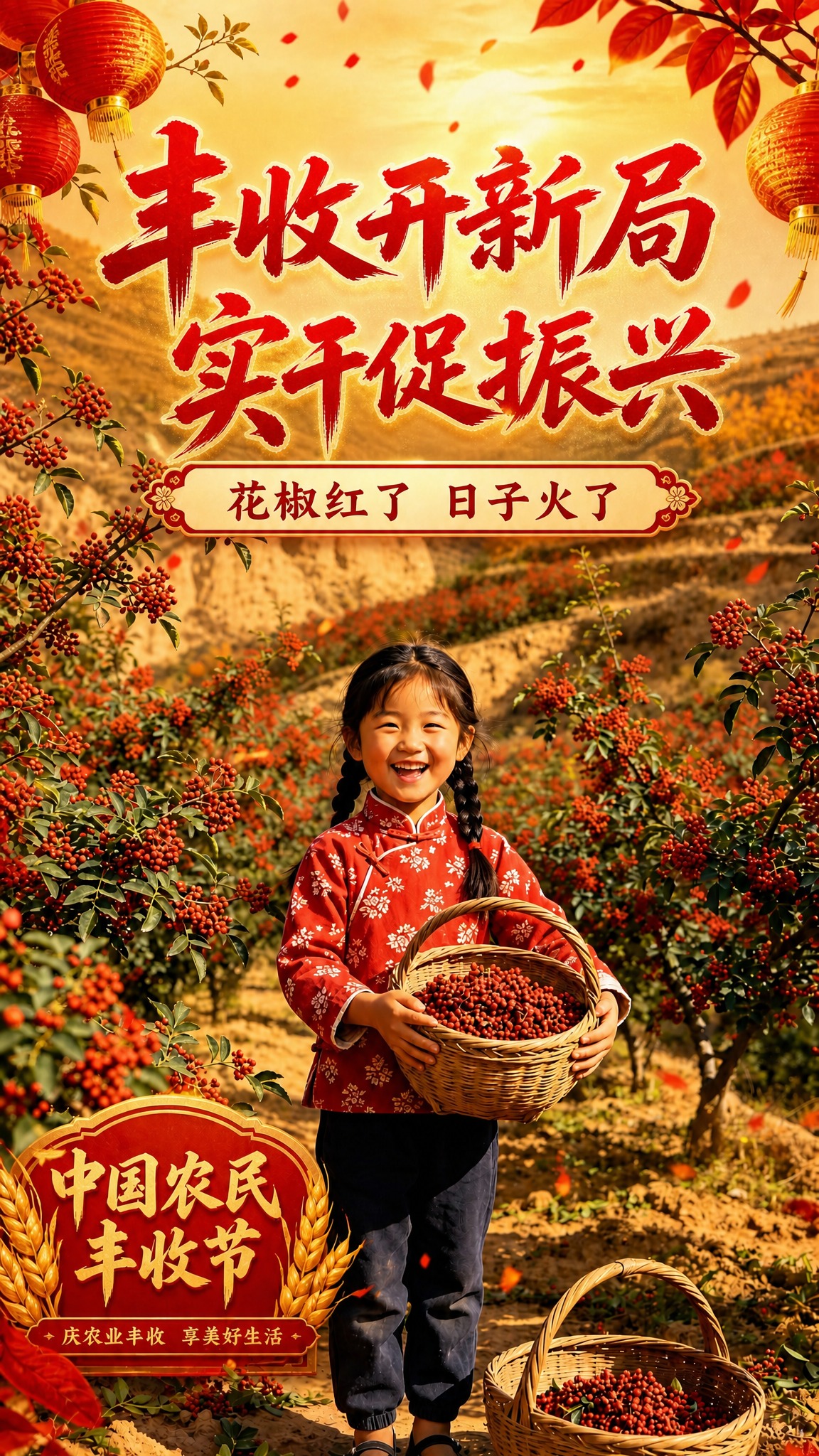 修改这张花椒丰收海报：1. 将主标题文字替换为"丰收开新局 实… - 图片创意预览