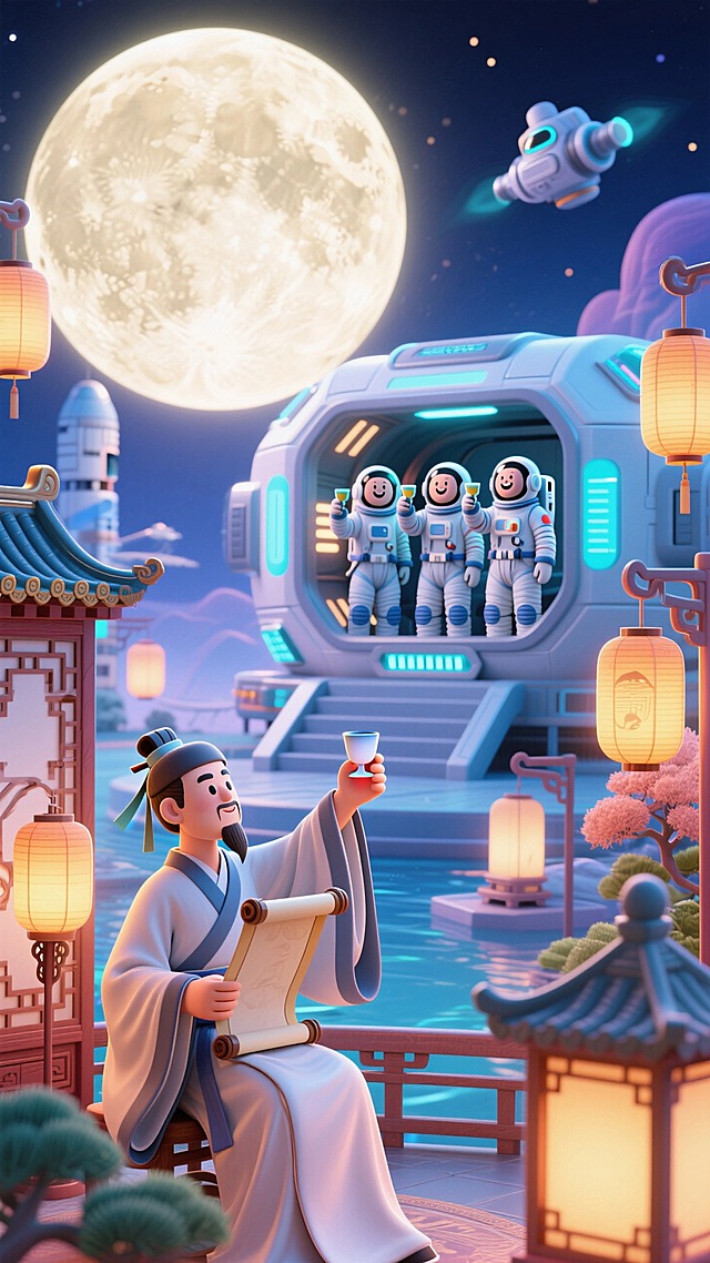 前景为一个古代文人里手持卷轴举杯，四周有古代元素，中景为空间站，3个宇航员在空间站舱内向古人方向举杯，背景是超级大月亮，形成“古今跨时空对话”氛围，奇幻浪漫，兼具古风与未来感。