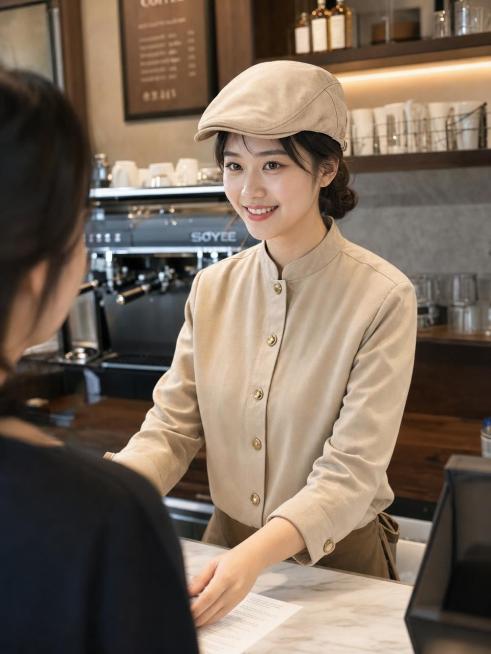 手机实拍买家秀图片，高档咖啡厅背景，咖啡厅女服务员戴着卡其色前进帽，穿着卡其色工作服，领子袖口扣子和产品图一致，展示衣服面料细节质感，工作状态是在前台接待客户，随手拍摄影风格，人物甜美，光影自然，完美预览效果