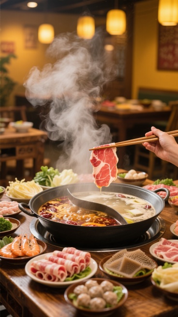 热气腾腾的鸳鸯火锅锅底在木质餐桌上沸腾，浓郁的高汤泛着油花，周围摆满了新鲜的肥牛卷、虾滑、毛肚、蔬菜拼盘和各种丸子，一双筷子正夹起一片肥牛准备下锅，背景是温馨的火锅店环境，暖黄色灯光营造出热闹而舒适的氛围，色调温暖饱和，光影柔和，肉质纹理清晰可见，汤汁冒着袅袅白烟，整体画面充满食欲感和生活气息。预览效果