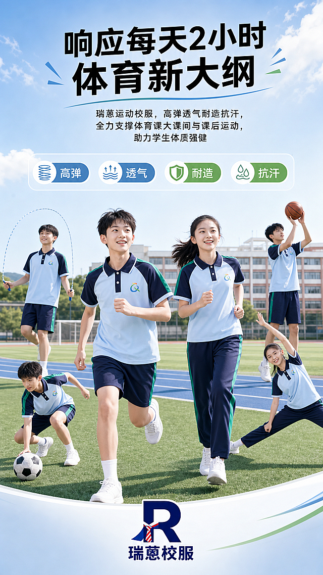 竖版电商海报设计，瑞蒽运动校服，主标题文案"响应每天2小时体育新大纲"，副标题文案"瑞蒽运动校服，高弹透气耐造抗汗，全力支撑体育课大课间与课后运动，助力学生体质强健"，画面展示多名学生穿着瑞蒽校服在校园进行各类运动，青春活力风格，瑞蒽校服品牌logo放在底部中央