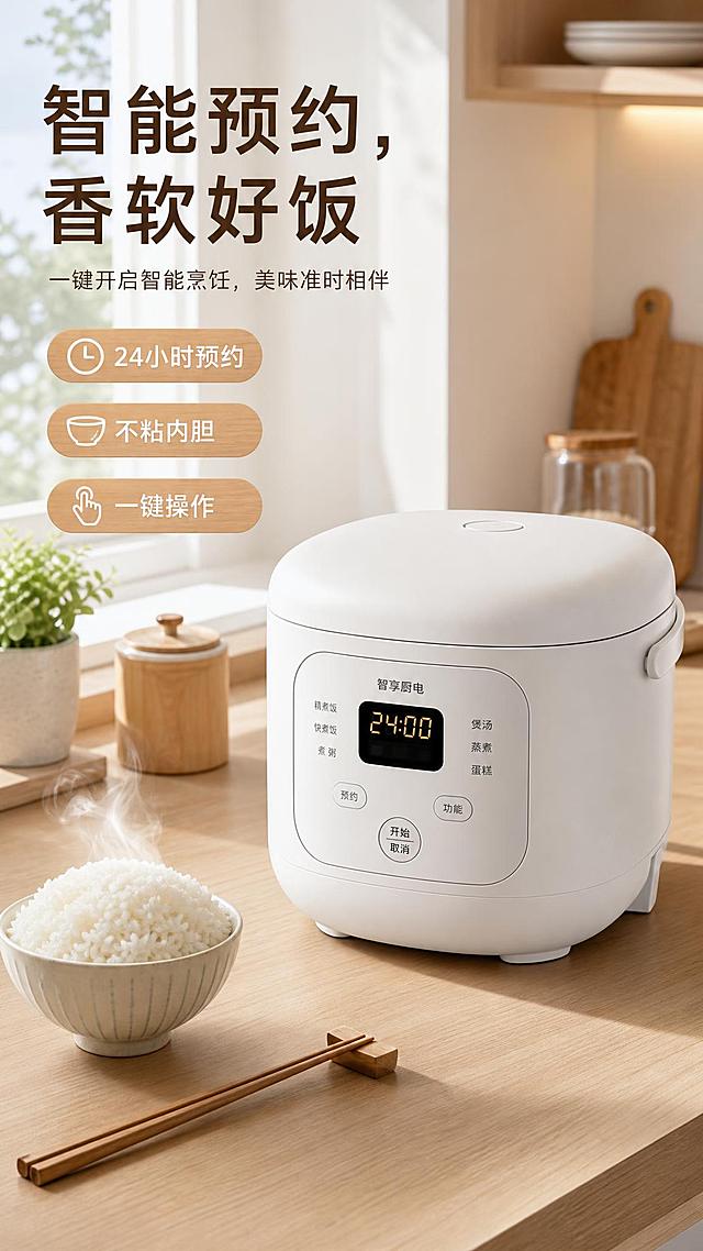 现代简约风格电商海报，主色调白色和浅木色，温馨家庭氛围。45度斜视角构图，一台白色智能电饭煲偏右放置在浅木色厨房台面上，清晰展示操作面板和圆润机身。电饭煲左前方摆放着一碗冒着热气的白米饭，米饭颗粒饱满晶莹，旁边放着一双筷子。背景是明亮的厨房窗景，窗外有柔和自然光，台面上点缀着一小盆绿植和一个木质调料罐。画面左上方大字标题"智能预约，香软好饭"，字体简洁现代醒目。产品周围以轻量标签形式呈现三条卖点："24小时预约"、"不粘内胆"、"一键操作"，标签为浅木色底白色字。版式精美，层次分明，商品主体清晰突出。写实商业摄影风格，超高清画质，材质质感细腻，顶部自然光+侧前方柔光，柔和阴影，浅景深。画面比例9:16竖版。画面中所有数字必须精确渲染，不得错位、遗漏或编造。画面中所有信息区域必须填充完整合理的内容，不得出现空白框或待填写区域。