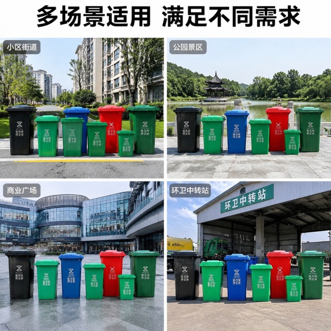 [主图-4] 多场景适用性宫格展示图。
[氛围风格] 生活化真实场景，实用代入感；
[画质] 商业摄影质感、光线明亮通透、产品清晰真实、画面干净高级。
[元素] 四宫格展示垃圾桶在不同场景的应用：左上预览效果