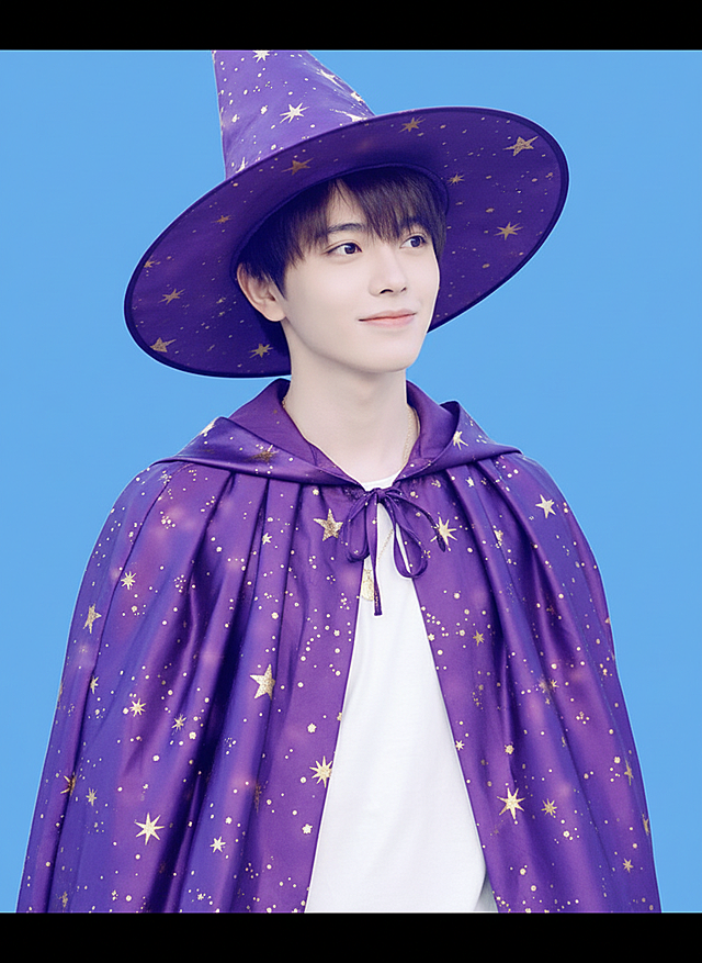 梦幻紫金星点巫师装，卡通动漫风轻拟物设计，面料质感细腻，可爱感十足，节日氛围浓厚。