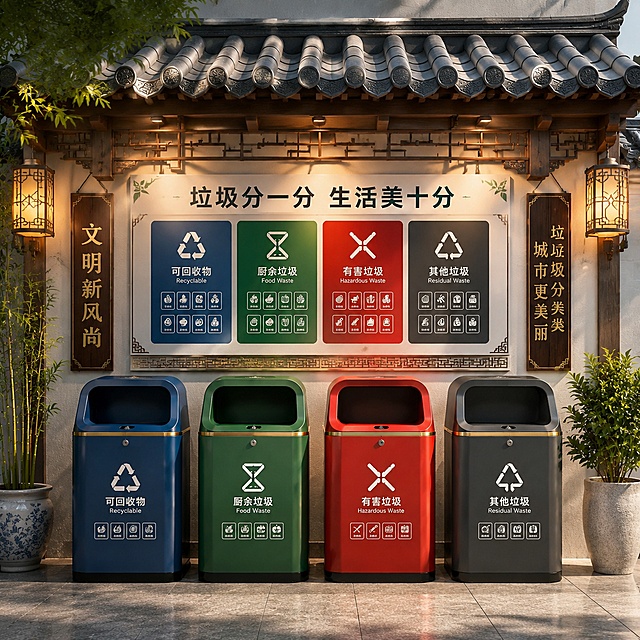 换一个风格，保持农贸市场四色封闭式高档垃圾桶、垃圾分类宣传背景墙、顶部复古房檐的设计