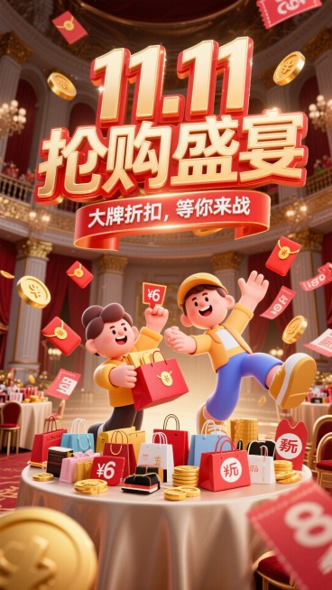 主标题"11.11抢购盛宴"，副标题:"大牌折扣，等你来战"。主标题为强烈的3D字体，颜色为红色和金色渐变，带有闪亮效果。副标题颜色为银白色。背景为豪华的购物盛宴大厅，桌子上摆满了各种特卖商品和折扣标预览效果