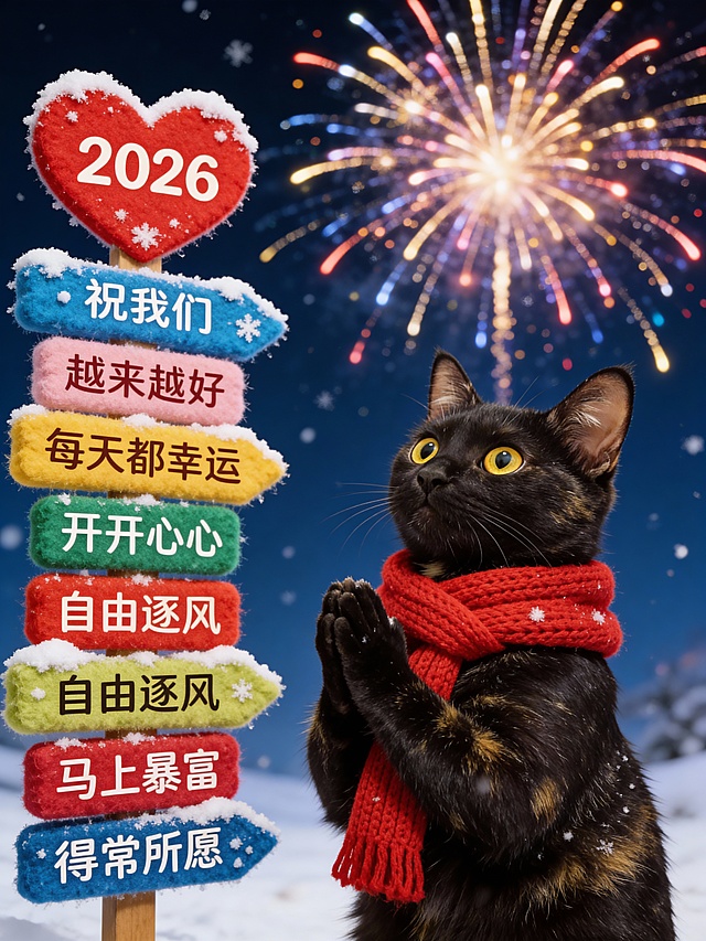 图中宠物围红色针织围巾，直立起身，双爪交握似祈福，表情虔诚
左边有彩色毛绒指示牌（顶部红心形写“2026”，往下依次写有文案“祝我们”“越来越好”“每天都幸运”“开开心心”“自由逐风”“马上暴富”“得常所愿”牌面落雪）；背景是夜空有绚丽的烟花；整体氛围热闹，充满新年的美好祝愿与烟花浪漫氛围，整体构图比例合理