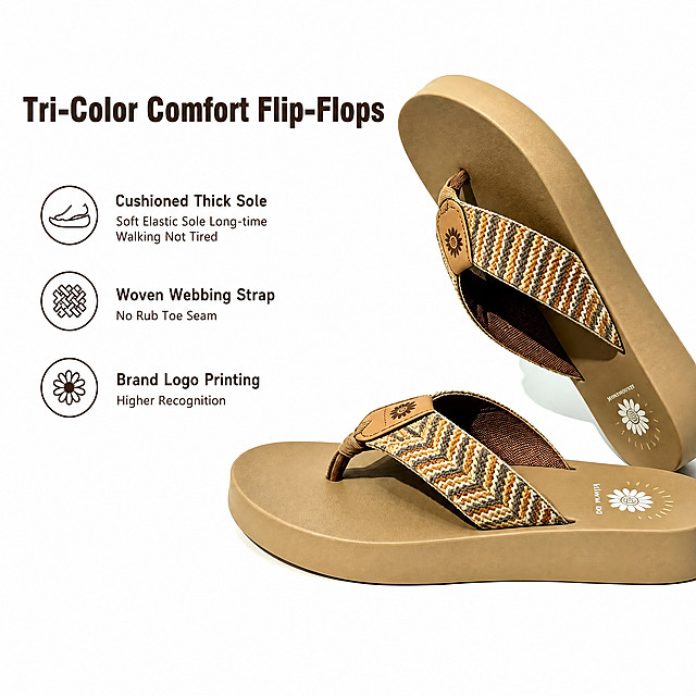 [Single Amazon 1:1 main image] Three-color casual flip-flops for women. Advanced atmosphere main image route, use left text right product scene layout. Product is a pair of brown woven webbing flip-flops, display overall shoe shape. Keep product appearance, physical structure, material texture, color, logo and brand flower label consistent with input images,杜绝 any deformation and color difference, fine processing. [Composition layout] Left text right product layout, product is placed on the right side and enlarged, product accounts for about 55% of the picture. Background is clean pure white, in line with Amazon main image specification. [Scene elements] Left large area blank to place text, product placed on the right side, natural soft light casting soft shadow, highlighting thick EVA sole and woven webbing upper material, brand flower logo on shoe body clearly visible. [Copy layout] Left blank area: Large title "Tri-Color Comfort Flip-Flops" in bold dark brown sans-serif font, one line of title. Followed by three line icon selling points: 1. Cushioned Thick Sole "Soft Elastic Sole Long-time Walking Not Tired", 2. Woven Webbing Strap "No Rub Toe Seam", 3. Brand Logo Printing "Higher Recognition". Each selling point uses small icon + short text, clear hierarchy, text color contrast with background, clear and readable. Do not add other marketing information, comply with Amazon specification. [Light and texture] Main light is soft overhead light, auxiliary light fills the shadow on the side, highlight the soft elasticity of the sole and the woven texture of the upper, clear texture, transparent light, commercial high-definition photography texture. [Color matching] Main color pure white background, auxiliary color product tan and brown, text dark brown, low saturation high-level sense. [Output requirement] 1:1 square ratio, 2048px * 2048px, clear text, ultra HD commercial photography texture. [Negative prompt] Deformed text, cluttered background, watermark, extra marketing text, occlusion of main body, color distortion, wrong structure.