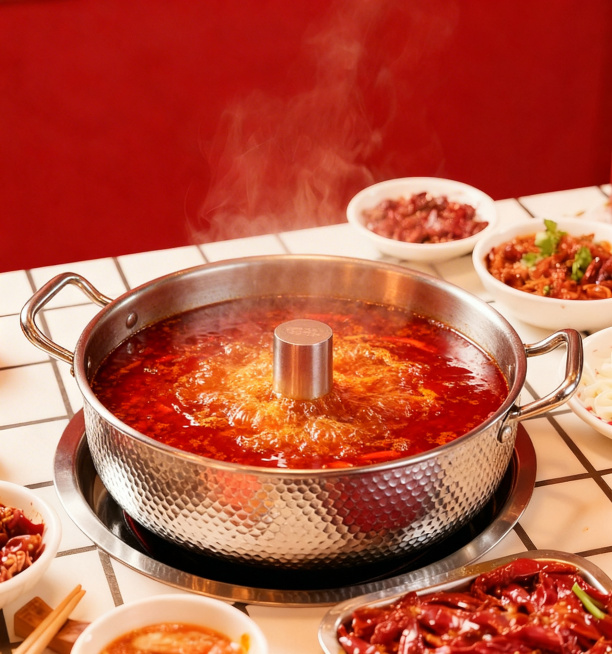 将原图中的锅和锅里的汤料替换为参考图里的带升降柱的锤纹不锈钢锅中正在沸腾翻滚的红汤火锅底料，保持原图的红背景、桌面摆放和周围配菜不变，保持原图的热蒸汽效果和光线氛围预览效果
