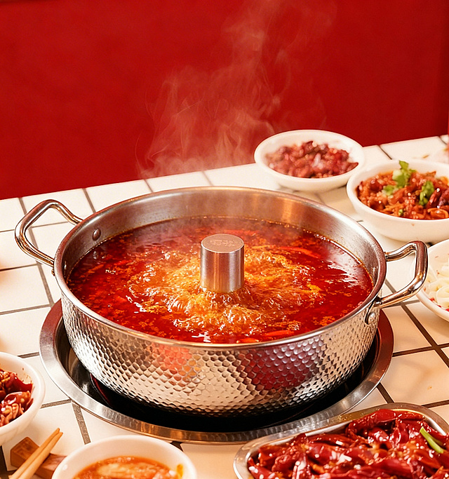 将原图中的锅和锅里的汤料替换为参考图里的带升降柱的锤纹不锈钢锅中正在沸腾翻滚的红汤火锅底料，保持原图的红背景、桌面摆放和周围配菜不变，保持原图的热蒸汽效果和光线氛围