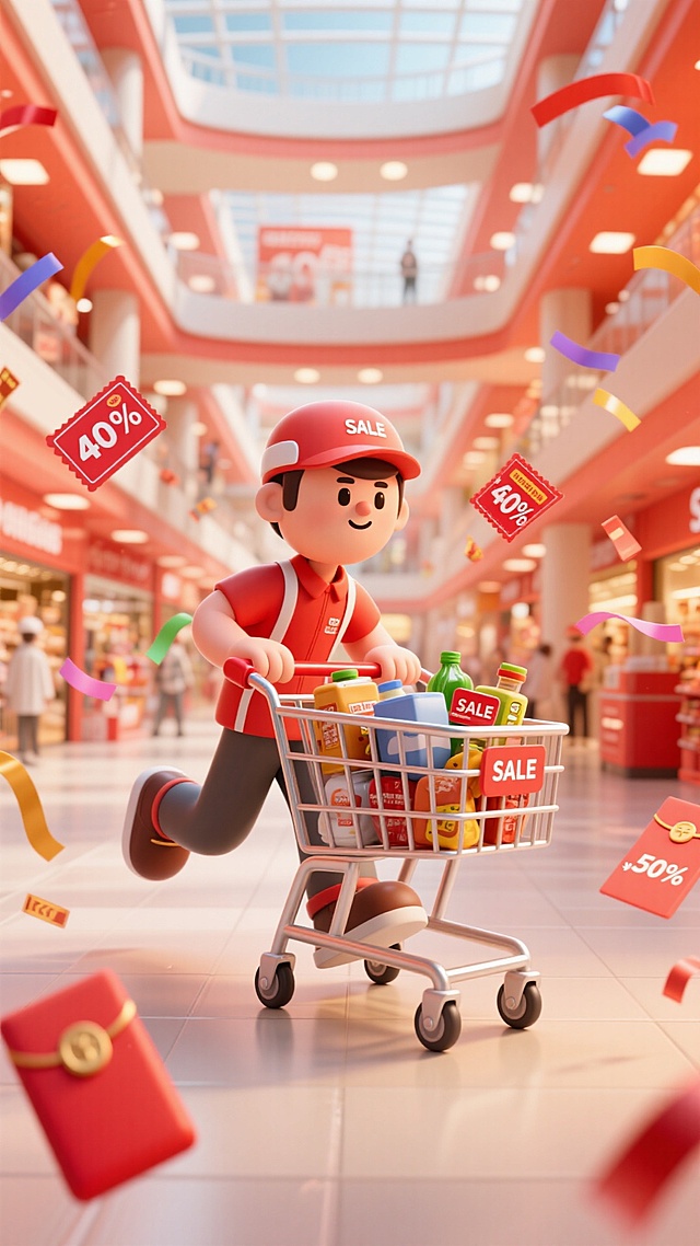 软3D风格卡通人物推满购物车，商场环绕促销彩带与折扣标签，拟人化设计充满喜庆与促销感，塑料质感强化视觉冲击，营造节日购物狂欢氛围。