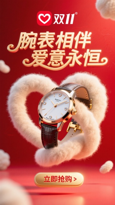 商业摄影风格，比例 16:9。以鲜艳的红色为背景，营造热烈氛围。画面正中央是巨大且优雅的主标题 “腕表相伴 爱意永恒”，采用金色立体艺术字体，笔画粗细变化富有韵律，表面有细腻的光泽质感，像是被柔和灯光预览效果