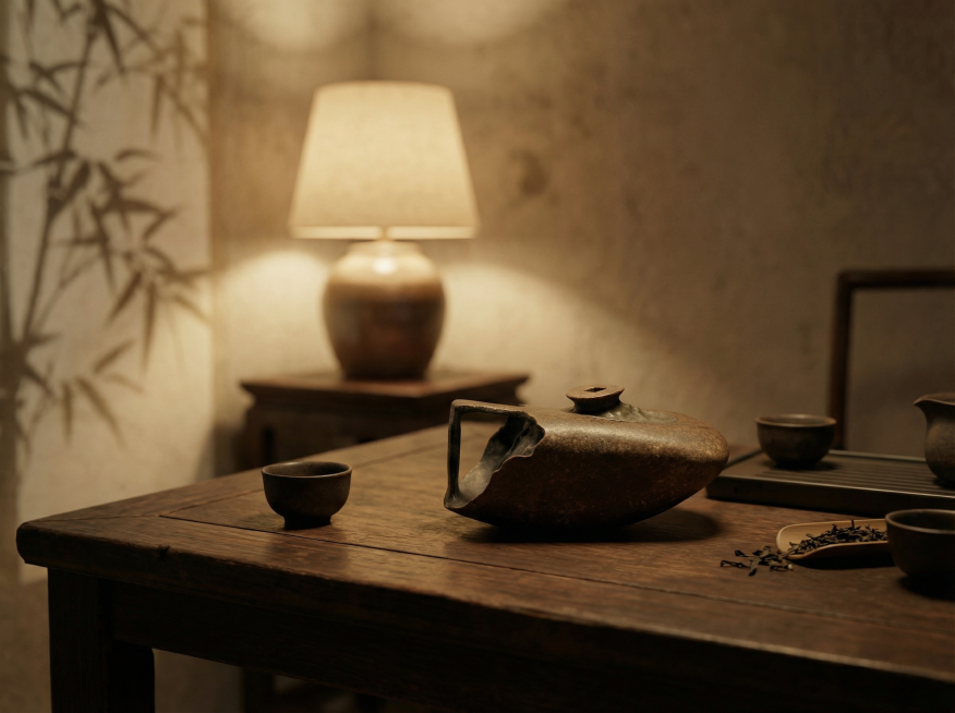 昏暗的茶桌上放着一把壶，古香古色的色调，背景中有个模糊的台灯，温暖的光线，墙上有竹子的投影预览效果