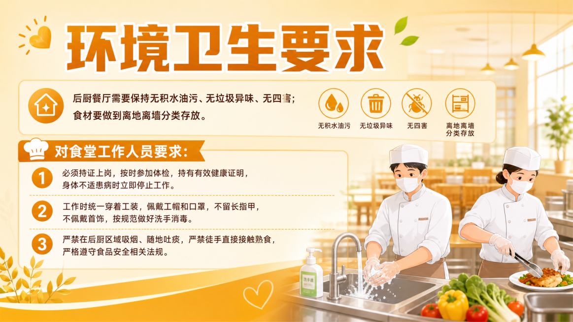 暖色调横版食堂管理制度海报，标题“环境卫生要求”大字展示，整体温馨干净暖黄色调，简约大气设计，包含以下完整文字：
后厨餐厅需要保持无积水油污、无垃圾异味、无四害；食材要做到离地离墙分类存放。
对食堂工预览效果