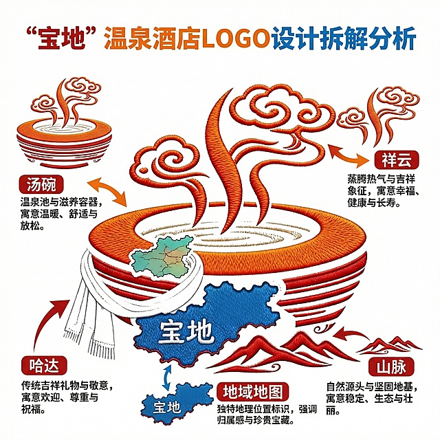 制作“宝地”温泉酒店logo的拆解分析图，将logo的汤碗、祥云、山脉、地域地图、哈达元素分别标注，搭配文字解释每个元素的设计寓意，整体排版清晰专业，色调与logo的红、橙、蓝、白统一