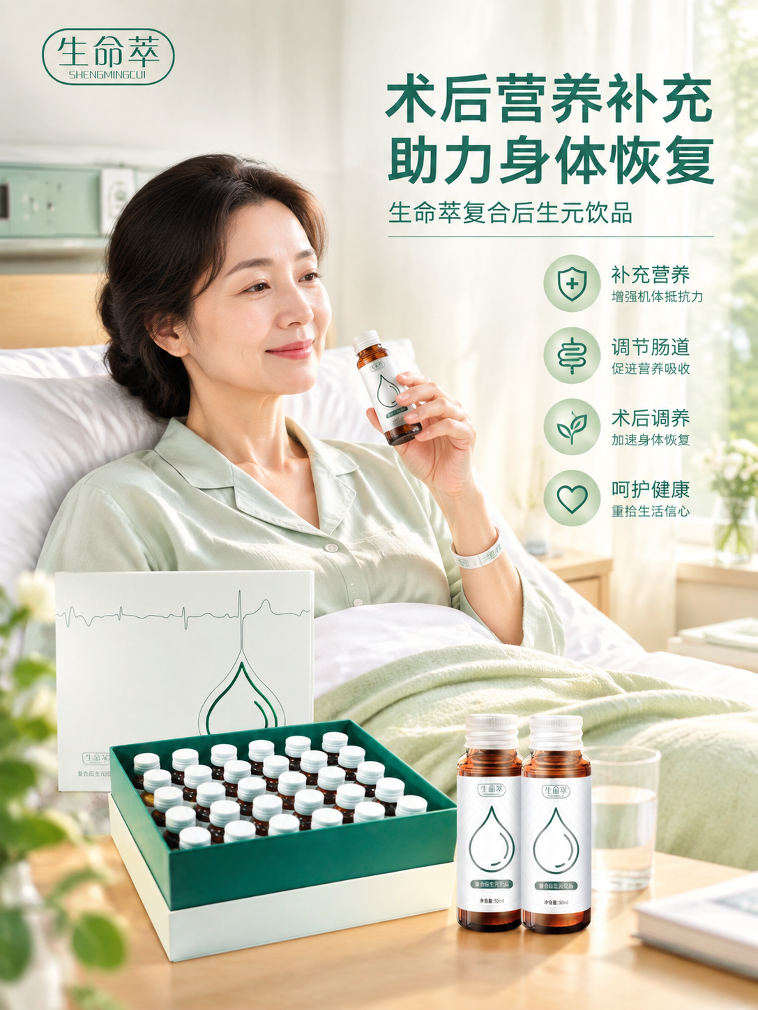基于上传的生命萃复合后生元饮品产品图，生成术后服用该产品的场景… - 图片创意预览