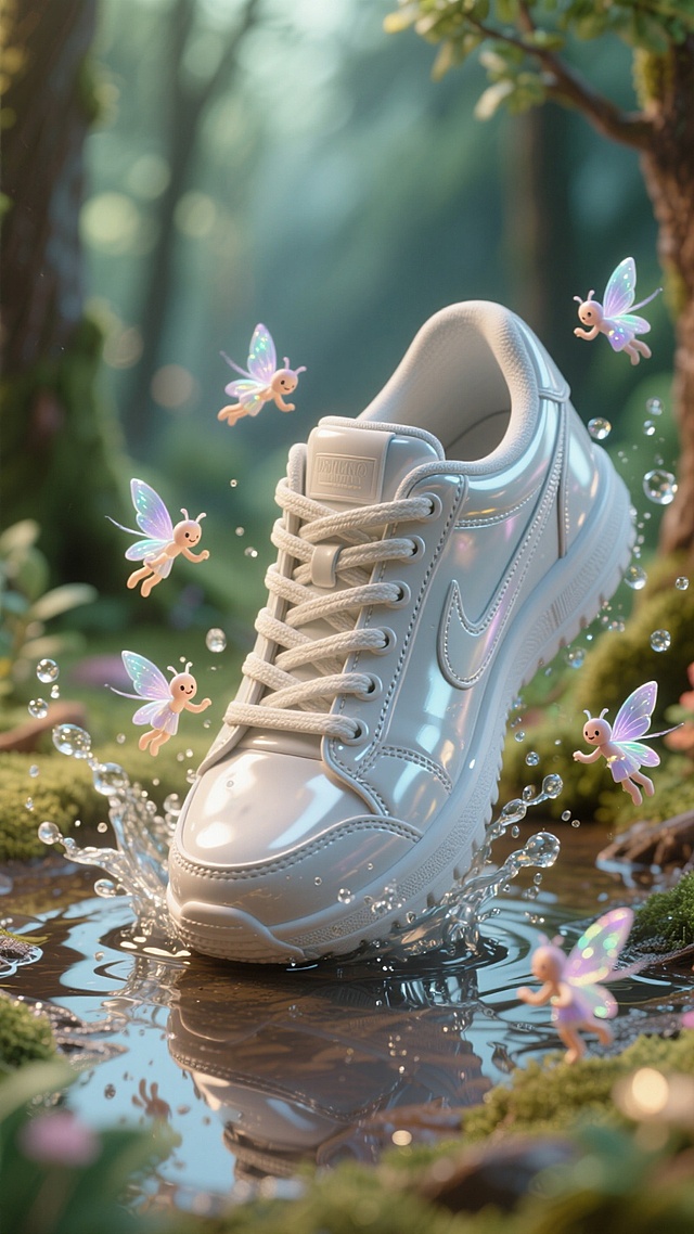 森林，一只运动鞋特写，踩在一个水坑，踩起水花肆溅，一群小精灵在周围嬉戏打闹