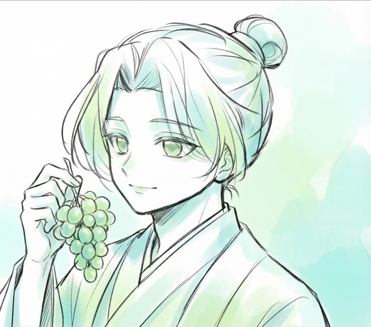 调整色调为主淡绿加青色，人物更偏男性，去掉肩膀花纹和头饰，换简约中式发型，保持古风线稿画风，手拿青提预览效果