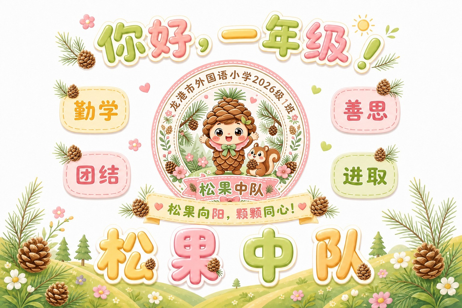 将图一中间的圆形徽章logo替换为图二的松果娃娃和松鼠卡通徽章… - 图片创意预览