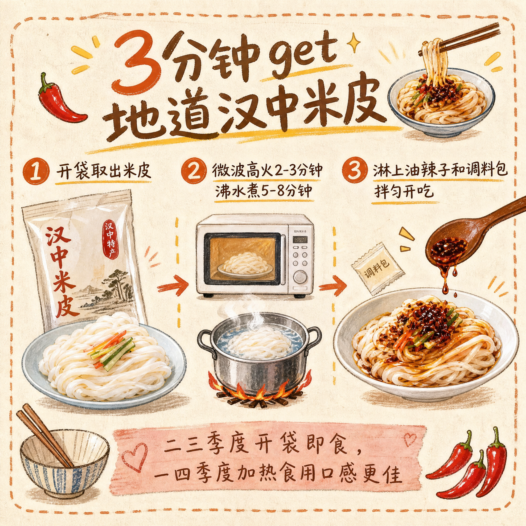 小红书种草手账风三国汉中米皮电商图第3张，1:1正方形，带手绘… - 图片创意预览