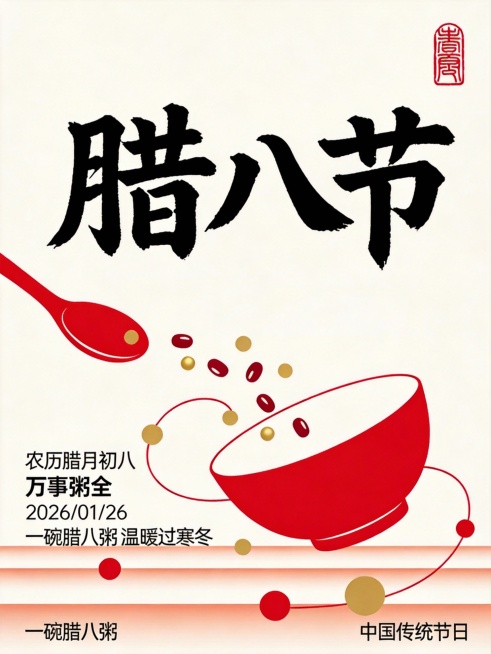 中国传统节日腊八节主题海报，极简扁平化设计风格，米白色背景，以正红色为主色调，搭配少量金色点缀，整体视觉简洁明快且富有节日氛围。画面中心偏上位置有巨大的黑色毛笔书法体“腊八节”三字，字体结构饱满有力，右上角带有红色印章样式。下方偏右位置有一个倾斜的正红色碗，碗口朝上，碗内空无一物，碗的左侧有一条红色曲线缠绕并连接着金色和红色的圆形颗粒元素，模拟粥料散落的动态感。左上角有一个红色的汤勺图案，勺柄……预览效果