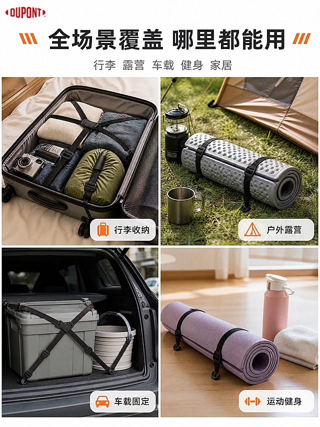 [商品] 使用【图2】【图8】黑色杜邦弹力捆绑带；保留产品外观 结构 颜色；在各场景中绑带清晰可见 与被捆绑物体接触真实 路径连续。
[画面] 页面目标：全场景应用展示 证明适用范围广。构图：上标题+2x2四宫格。四格真实场景 每格中绑带都是视觉焦点。左上：行李收纳 打开的行李箱内 衣物和睡袋用黑色绑带捆扎整齐 旁边有旅行小物件 卧室自然光。右上：户外露营 草地上帐篷旁 防潮垫卷好后用绑带固定 旁边露营灯和水杯 户外日光。左下：车载固定 汽车后备箱内 杂物箱和水桶用绑带交叉固定 不乱滚 车内漫射光。右下：运动健身 瑜伽垫卷好用绑带扎紧 旁边运动水壶和毛巾 瑜伽馆明亮灯光。
[视觉] 套系策略：风格=户外机能风 实用主义美学 干净专业电商展示风；标题字=无衬线粗体 硬朗有力；正文字=简洁无衬线体 清晰易读；主色=黑色+深灰；背景延展=各场景自然色调 整体统一明亮；强调色=橙色 用于场景标签 图标；标题色=深炭灰；正文色=中灰色；组件=白色半透明圆角场景标签 橙色小图标；光影=各场景自然光线 产品融入环境 无硬切边缘 无悬浮。
[文字] 顶部主标题：全场景覆盖 哪里都能用 9字 深炭灰粗体 居中 配橙色小图标。副标题：行李 露营 车载 健身 家居 8字 中灰 居中。每格右下角白色半透明圆角标签 深灰色场景名：行李收纳 户外露营 车载固定 运动健身。每格标签上方配对应小图标。左上角小型DUPONT红色Logo。
[规格] 比例3:4竖版 宽度1500高度2000 4K。避免产品悬浮 边缘硬切 场景不真实 错字 文字过小 水印 平台Logo。