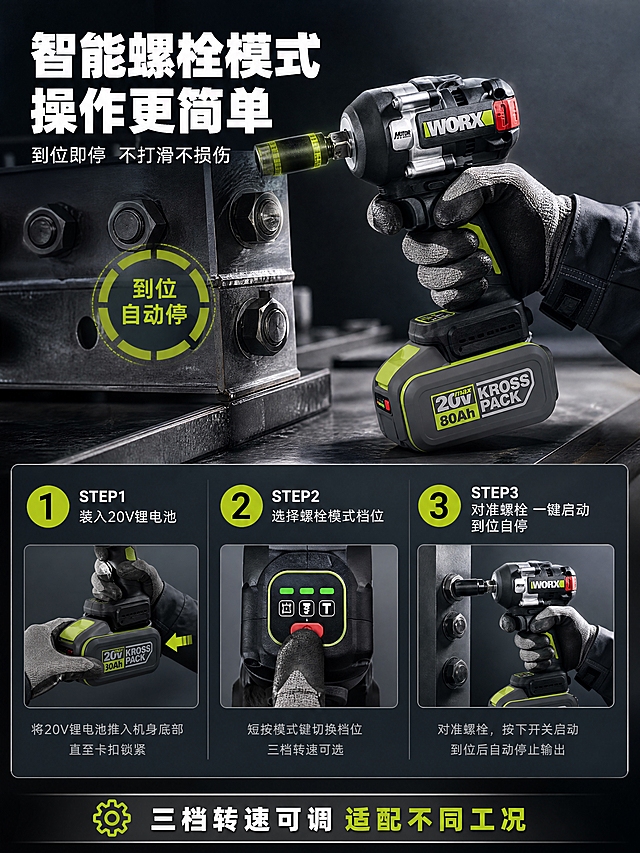 [详情页-5] 使用操作演示页，展示智能螺栓模式和档位切换操作，让用户明白怎么用。
[商品] 使用【图1】威克士WU271.9电动冲击扳手；保留全部外观结构、颜色、Logo；精修增强质感，不改变外形。
[画面] 页面目标=演示操作步骤和智能螺栓模式使用方法。构图=左侧步骤说明+右侧操作图，或上下结构：上部约40%为操作主图（戴工业手套的手握住扳手，正在操作开关/档位，对准一颗螺栓，螺栓旁有"到位自动停"的示意效果），下部约60%为3步操作横排（STEP1-2-3）。三步分别展示：STEP1=安装电池、STEP2=选择档位/模式、STEP3=对准螺栓启动。每步有小图+简短说明。背景为工业工作台面+浅深灰渐变。
[视觉] 套系策略：风格=高端工业科技风商业摄影；标题字=硬朗无衬线粗体；正文字=简洁无衬线体；主色=深炭灰/金属灰；背景延展=工作台面纹理+深灰渐变背景；强调色=荧光黄绿（用于步骤编号和操作提示）；标题色=纯白；正文色=浅灰白；组件=步骤编号圆标、操作小图框、箭头指示；光影=操作主图自然光效，步骤小图光影统一。
[文字] 顶部主标题"智能螺栓模式 操作更简单"大白字；副标题"到位即停 不打滑不损伤"小白字。三步说明：STEP1"装入20V锂电池"；STEP2"选择螺栓模式档位"；STEP3"对准螺栓 一键启动 到位自停"。步骤编号用荧光黄绿大圆标+白色数字。底部一条提示："三档转速可调 适配不同工况"。文字全部横排。
[规格] 图片比例3:4竖版，4K高清，操作动作自然真实，手部无畸形，产品清晰，禁止极限词、错字、模糊、平台Logo、水印、穿模。