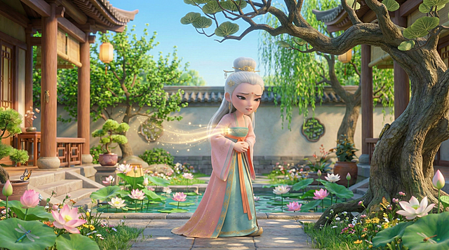 国风动画阳光庭院，苍劲老李子树叶片脉络清晰，圆形光斑洒落；妇人缓步走向树下，手抚腹部面露轻痛，左腋处淡金色光芒带粒子扩散效果，人物识别参考图