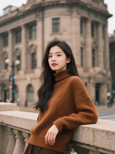 女孩，焦糖色针织衫，上海外滩的欧式建筑前，复古棕调，斜侧拍视角，手搭在石栏上。预览效果