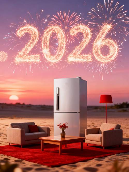 远景拍摄，画面下方是主体放在现代风格家居组合（沙发旁边，木质茶几上摆着花瓶、红色落地灯）中间，整体处于逆光，并都布置于红色地毯之上，傍晚开阔的户外沙地场景，背景是粉紫橙渐变色调的天空和上方呈现绽放的巨型烟花秀拼成的灿烂的“2026”，背景虚化，整体营造出喜庆的新春氛围