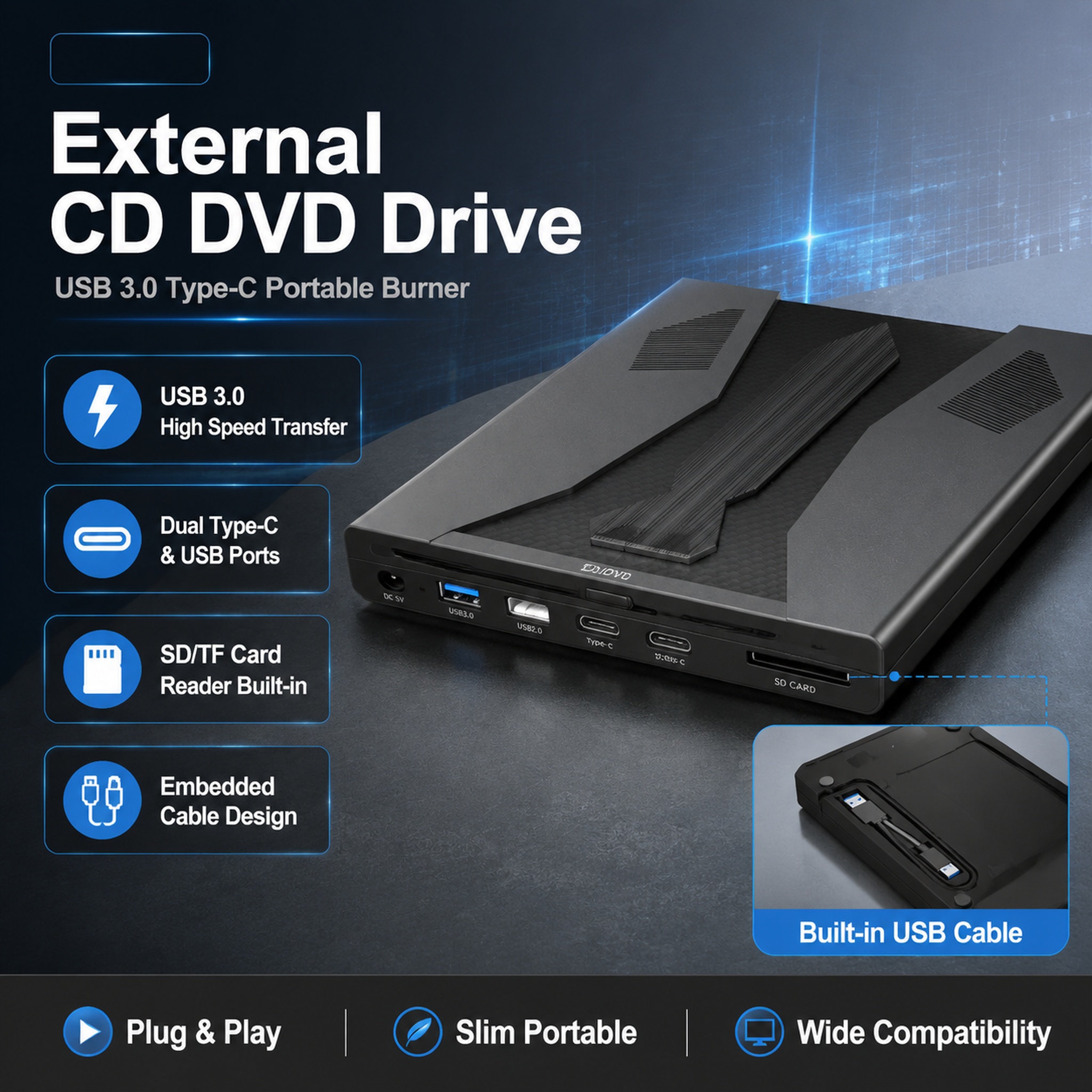 [单张主图] 外置CD/DVD光驱多功能扩展型，跨境亚马逊爆款… - 图片创意预览