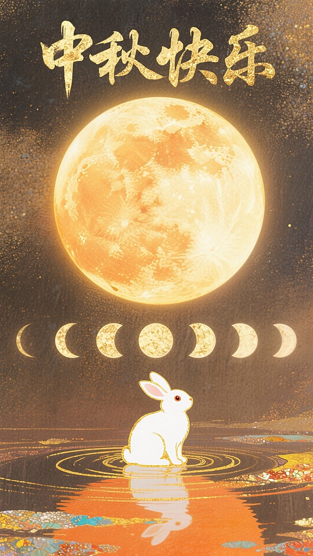 国潮风插画，鎏金粒子点缀梦幻夜空，玉兔静坐水波之上，映照满月与月相流转，中式意境唯美浪漫，中秋佳节氛围浓郁。
