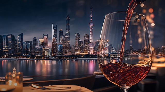 将图1左右两张图融合为一张完整的上海外滩西餐厅意向图，用于PPT背景，16:9横版。整体画面以左侧上海外滩陆家嘴夜景为主体背景，黄浦江水面倒映着璀璨灯火，东方明珠和摩天大楼群夜色迷人。在画面的右侧和前景区域，自然融入右侧的红酒杯/倒酒元素，红酒液体缓缓注入杯中，酒液呈现琥珀色光泽，酒杯玻璃质感通透，与外滩夜景形成双重曝光或前景虚化的融合效果，仿佛在西餐厅内透过酒杯眺望外滩江景。整体色调偏深蓝、暖金、酒红色，氛围高级浪漫，光影柔和，质感细腻。画面纯净无文字，适合作为PPT背景使用，留有适当的文字排版空间。溶图过渡自然，没有拼接痕迹。