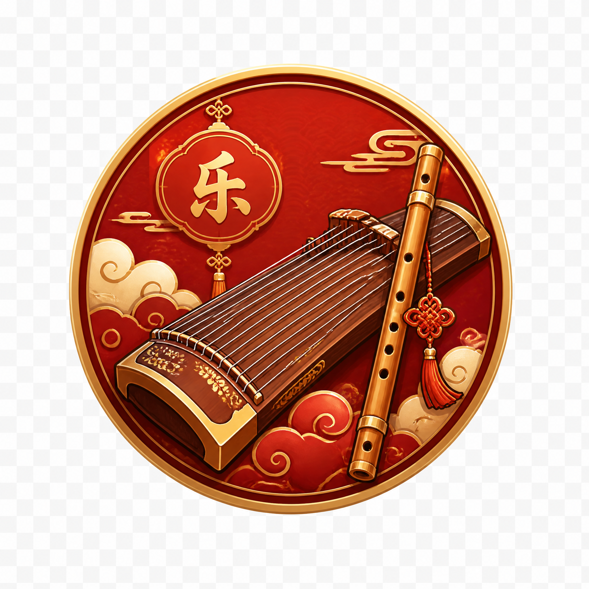 中式喜庆风格音乐图标，红色金色配色，传统乐器如古筝或笛子的卡通… - 图片创意预览