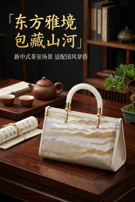 2:3 竖版，电商详情页新中式场景展示页，杂志级精致排版，严格还原上传的产品图，包括包装设计、颜色、LOGO 位置、文字内容、图案元素等所有细节，产品尺寸比例保持 1:1。主标题：「东方雅境 包藏山河预览效果