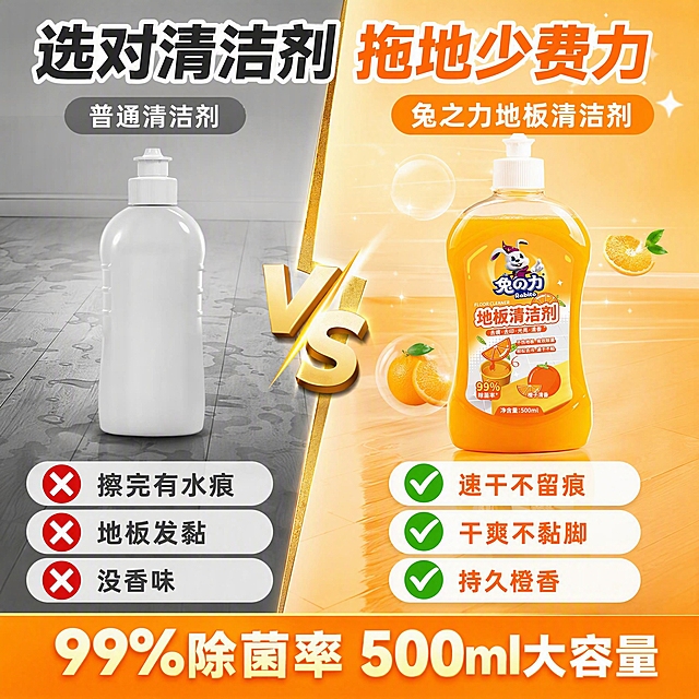 电商主图第八张，竞品对比图，兔之力地板清洁剂优势对比主题。全新构图，与之前所有主图均不重复。延续橙黄风格但版式为左右对比型。画面采用左右分栏对比布局：左侧为“普通清洁剂”区域，灰色调，放一瓶普通无标识清洁剂，下方列3个打叉的痛点：擦完有水痕、地板发黏、没香味，每个痛点配红色叉号；右侧为“兔之力地板清洁剂”区域，橙黄色明亮调，放兔之力产品瓶身正面，占比约40%，下方列3个打勾的优势：速干不留痕、干爽不黏脚、持久橙香，每个优势配绿色对勾。中间有一条金色VS分割线，顶部有大标题粗体大字“选对清洁剂 拖地少费力”。底部有一条橙黄色通栏，写“99%除菌率 500ml大容量”。整体色调左灰右橙，对比强烈，一目了然。保持兔之力产品外观与输入图完全一致，标签清晰。1:1比例，正面平视，对比构图清晰直观。商业设计质感，信息层级分明。文字清晰醒目，对比点突出。负向提示：变形，文字错乱，产品模糊，水印，平台Logo，真实竞品品牌Logo。