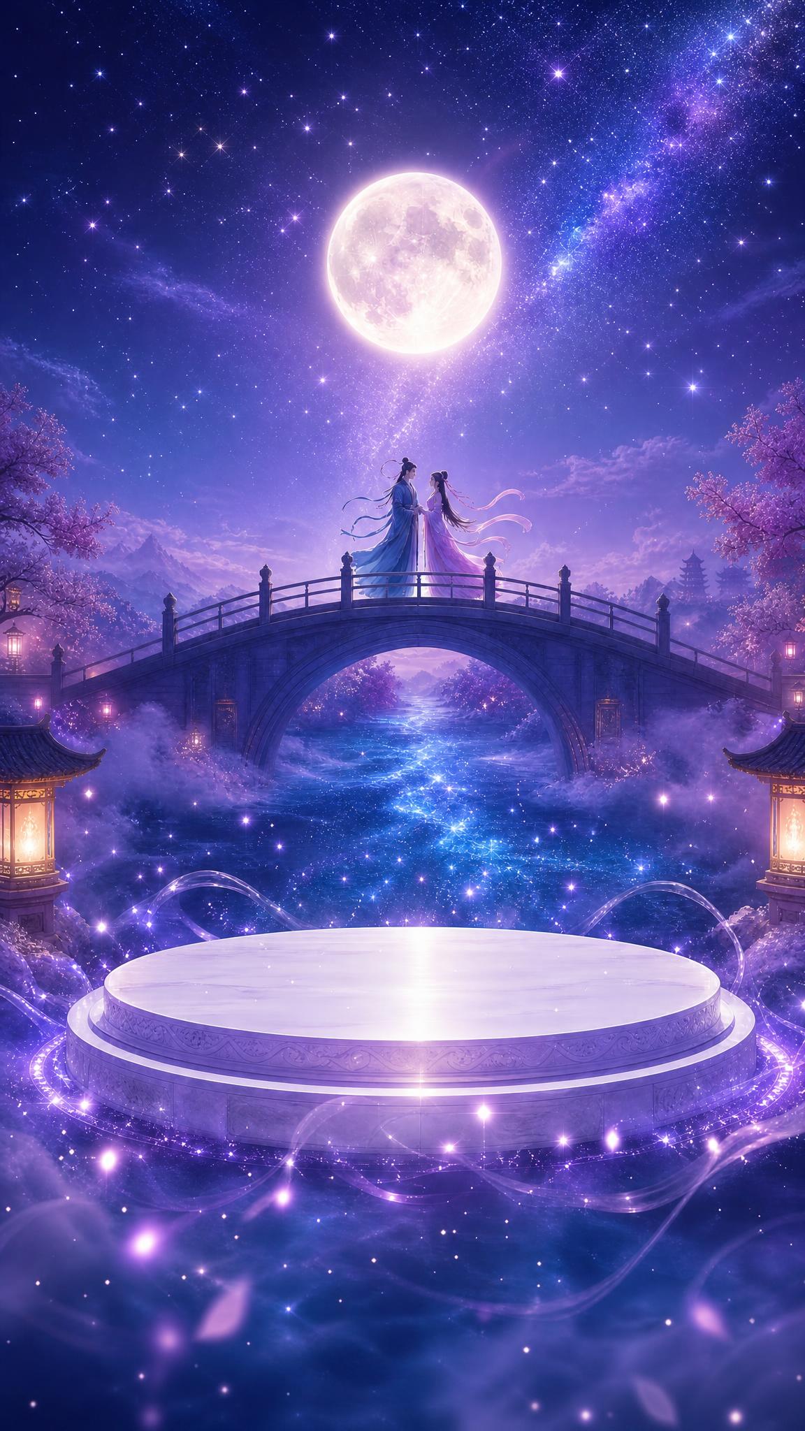 星空紫渐变银河蓝的梦幻夜空背景，乳白月轮悬挂天际，远处有一座鹊… - 图片创意预览