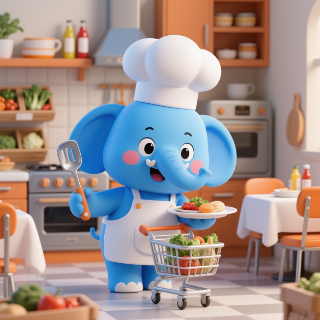 Q版厨师大象IP，厨房场景开心表情：蓝色身体戴厨师帽，手持锅铲，背景有灶台和调料瓶，眼睛弯成月牙，脸颊带红晕；餐厅场景惊讶表情：蓝色大象端着餐盘，瞪大眼睛呈O型嘴，背景有餐桌餐椅；采购场景专注表情：蓝预览效果