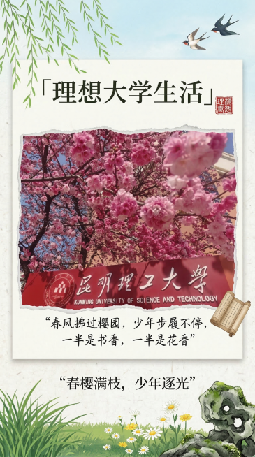 竖版春日校园主题海报，整体构图分区明确：顶部10%高度为装饰区，左侧柳枝，右侧燕子；标题区占15%高度，写有“「理想大学生活」”搭配红色印章装饰；核心视觉区占55%高度，用撕纸效果包裹用户上传的这张带预览效果